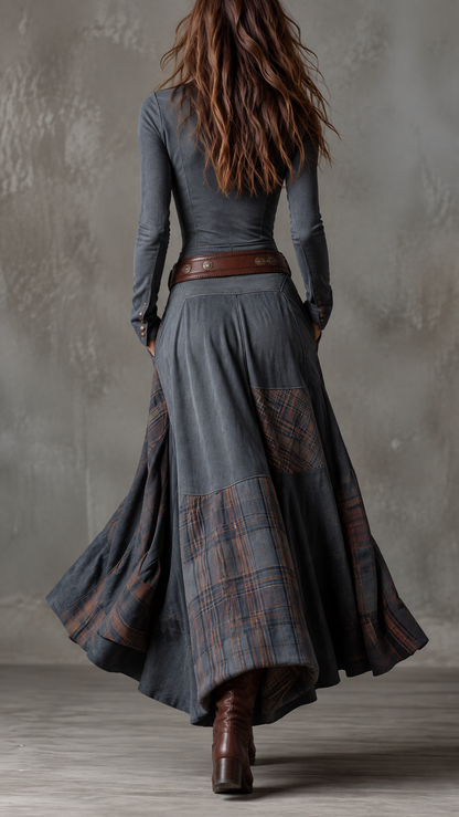 MARTINA | Robe longue bohème à carreaux et patchwork