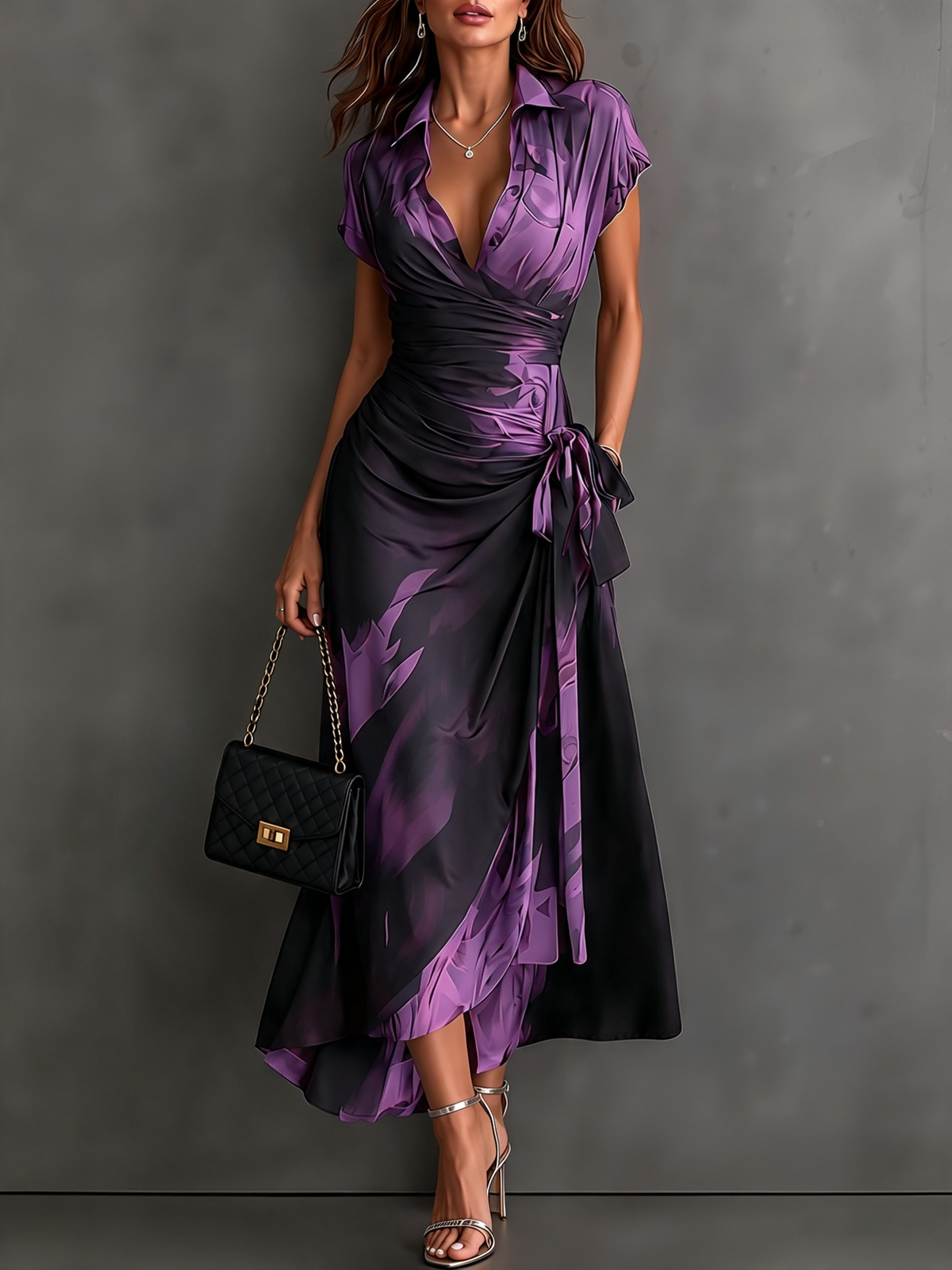 Robe midi portefeuille à imprimé abstrait rouge et noir