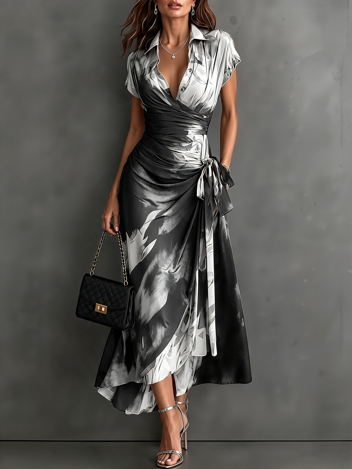 Robe midi portefeuille à imprimé abstrait rouge et noir