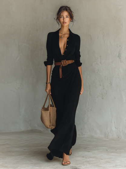 Valentine | Robe Maxi Col Revers, Manches Longues