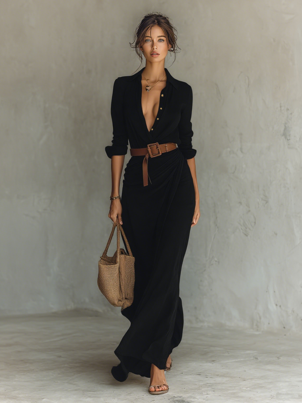 Philippine | Robe Maxi Col Revers, Manches Longues