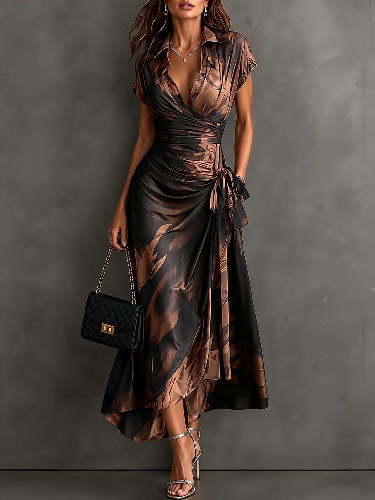 Robe midi portefeuille à imprimé abstrait rouge et noir