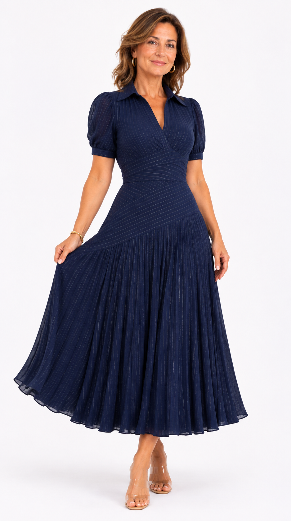ADRIANA | Robe midi satinée à rayures rétro