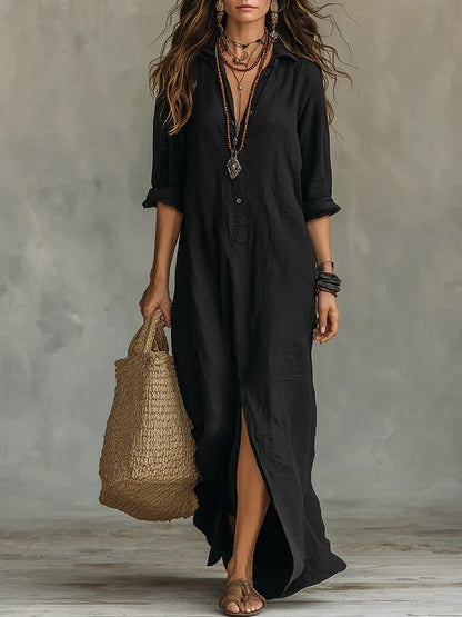 Joséphine | Robe Maxi Noire Ample à Boutons