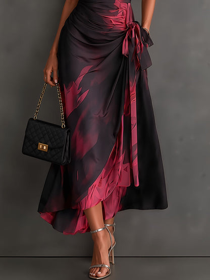 Robe midi portefeuille à imprimé abstrait rouge et noir